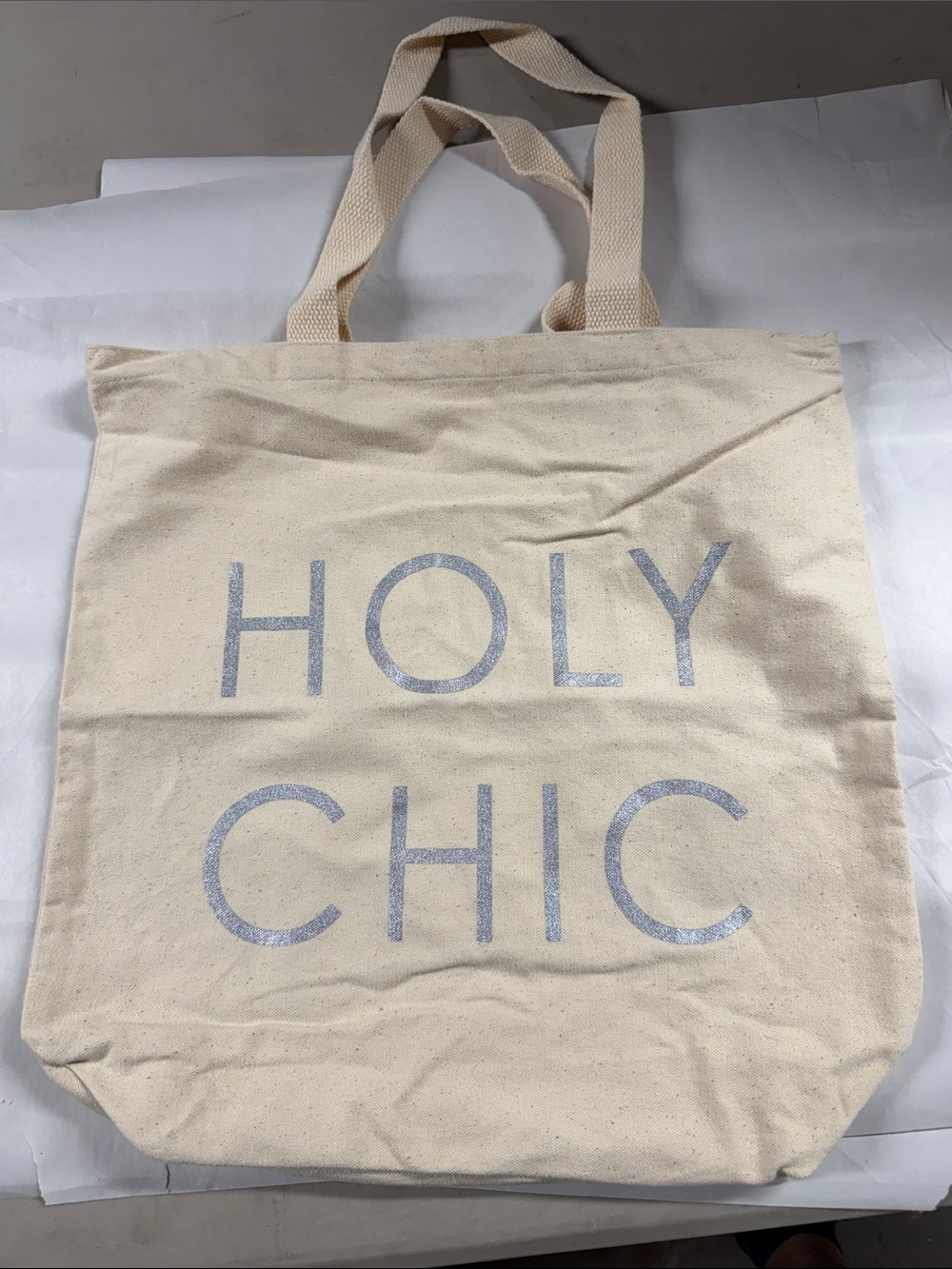 HOLY CHIC Canvas Tote Bag - Natural with Silver Letters